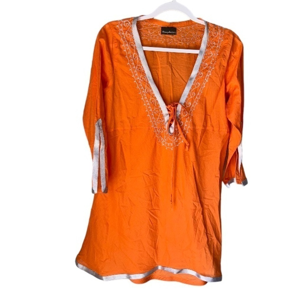 Tommy‎ Bahama cover up Orange Tunic medium Cotton Valencia silver embroidery